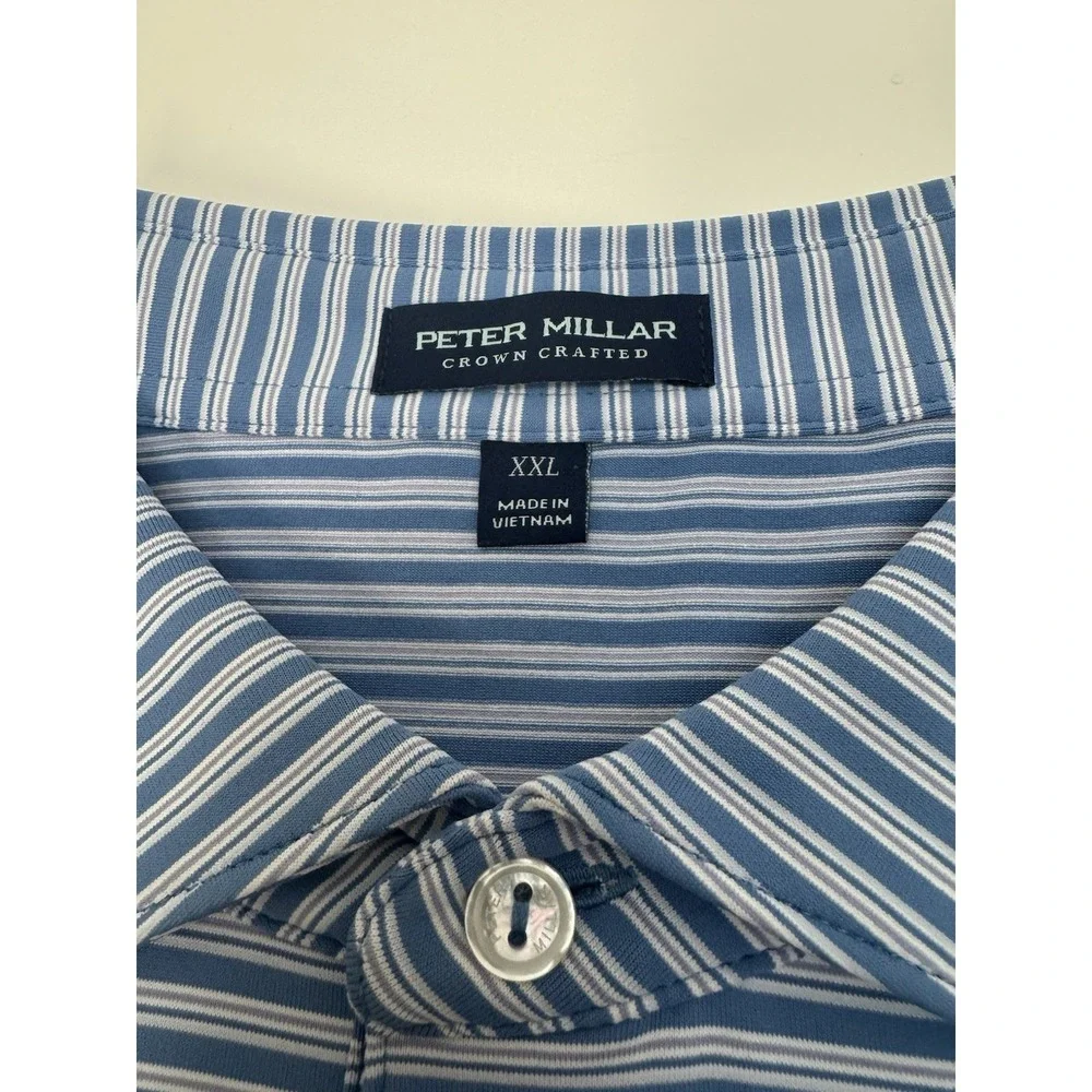 NWT Peter Millar BOWEN Triple Triple Stripe Jersey Golf Polo Shirt Blue XXL $115 - Picture 2 of 10
